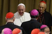 Pope Francis greets prelates as he arrives for the afternoon session on the first working day of the extraordinary Synod of Bishops on the family at the Vatican Oct. 6. (CNS photo/Paul Haring)