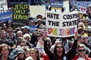 Demonstrators gather in Indianapolis to protest new religious freedom law.