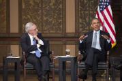 U.S. President Barack Obama discusses ways the nation can address poverty May 12 during the Catholic-Evangelical Leadership Summit on Overcoming Poverty at Georgetown University in Washington. (CNS photo/Tyler Orsburn)