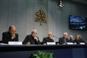 Byzantine Bishop Dimitrios Salachas of Greece, second from left, speaks at a a press conference for the release of Pope Francis' documents concerning changes to marriage annulments at the Vatican Sept. 8. (CNS photo/Paul Haring)