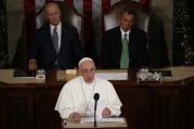 Pope Francis addresses a joint meeting of the U.S. Congress as Vice President Joe Biden (left) and Speaker of the House John Boehner look on in the House of Representatives Chamber at the U.S. Capitol in Washington Sept. 24. (CNS photo/Paul Haring) 