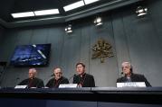 Prelates and the Vatican spokesman give a media briefing after the morning session of the Synod of Bishops on Oct. 9 (CNS/Paul Haring)