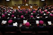 Pope Francis presides at a session of the Synod of Bishops on the family at the Vatican Oct. 15. (CNS photo/Paul Haring)