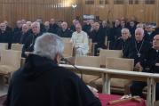 Pope Francis, along with senior members of the Roman Curia, listen as Servite Father Ermes Ronchi, an Italian theologian, delivers his meditation during a weeklong Lenten retreat in Ariccia, Italy, March 7. (CNS photo/L'Osservatore Romano, handout)