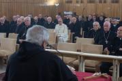 Pope Francis, along with senior members of the Roman Curia, listen as Servite Father Ermes Ronchi, an Italian theologian, delivers his meditation during a weeklong Lenten retreat in Ariccia, Italy, March 7. (CNS photo/L'Osservatore Romano, handout)