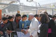 Pope Francis meets refugees at the Moria refugee camp on the island of Lesbos, Greece, April 16, 2016. (CNS photo/Paul Haring)