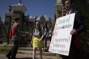 Pro-life demonstrators gather outside the campus of Georgetown University in Washington April 20. (CNS photo/Tyler Orsburn)