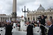 Pope Francis greets the crowd during his general audience in St. Peter's Square at the Vatican April 27. (CNS photo/Paul Haring) 