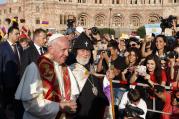  Pope Francis and Catholicos Karekin II, patriarch of the Armenian Apostolic Church, arrive for an ecumenical meeting and prayer for peace in Republic Square in Yerevan, Armenia, June 25. (CNS photo/Paul Haring)