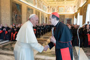Pope Francis greets Cardinal Beniamino Stella, prefect of the Congregation for Clergy, during an audience with participants in the plenary assembly of the Congregation for Clergy at the Vatican June 1. (CNS photo/L'Osservatore Romano)