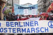 A group marching for nuclear disarmament carries a banner during a protest in mid-April in Berlin. Agencies of the U.S. and European Catholic bishops have called for all nations to develop a plan to eliminate nuclear weapons from their military arsenals. (CNS photo/Clemens Bilan, EPA) 