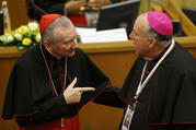 Cardinal Pietro Parolin, Vatican secretary of state, talks with Bishop Robert W. McElroy of San Diego during a conference on building a world free of nuclear weapons, at the Vatican Nov. 10. (CNS photo/Paul Haring)