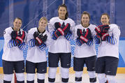 Cayla Barnes, Emily Pfalzer, Megan Keller, Kali Flanagan and Haley Skarupa, members of the U.S. woman's hockey team, pose for a Feb. 6 photo in Pyeongchang, South Korea. All are either graduates of or students at Boston College. (CNS photo/Jeff Cable, USA Hockey)