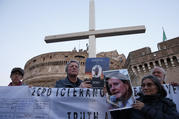 Clerical sex abuse survivors and their supporters rally outside Castel Sant'Angelo in Rome on Feb. 21. (CNS photo/Paul Haring) 