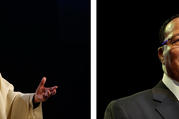 Cardinal Blase J. Cupich of Chicago and Nation of Islam leader Minister Louis Farrakhan are pictured in a Jan. 6, 2018, and Feb. 19, 2017, panel photo. (CNS photo/Karen Callaway, Chicago Catholic/Rebecca Cook, Reuters) 
