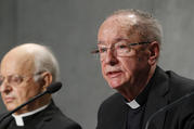 Brazilian Cardinal Claudio Hummes, relator general of the Synod of Bishops on the Amazon, speaks at a news conference to discuss the synod at the Vatican Oct. 3, 2019. Also pictured is Cardinal Lorenzo Baldisseri, secretary-general of the Synod of Bishops. (CNS photo/Paul Haring)