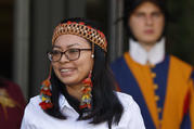 Leah Rose Casimero, an indigenous representative from Guyana, leaves the first session of the Synod of Bishops for the Amazon at the Vatican on Oct. 7, 2019. (CNS photo/Paul Haring) 