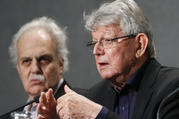 Retired Bishop Erwin Krautler of Xingu, Brazil, speak at a press briefing following a session of the Synod of Bishops for the Amazon at the Vatican Oct. 9, 2019. Also pictured is scientist Carlos Alfonso Nobre, winner of the Nobel Peace Prize in 2007. (CNS photo/Paul Haring) 