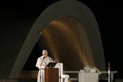 Pope Francis speaks during a meeting for peace at the Hiroshima Peace Memorial in Hiroshima, Japan, Nov. 24, 2019. 