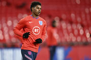 England's Marcus Rashford warms up ahead of their UEFA Nations League soccer match against Denmark at Wembley Stadium in London on Oct. 14. (Daniel Leal-Olivas/Pool via AP, file)