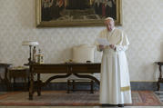 Pope Francis leads a global recitation of the Lord's Prayer from the library of the Apostolic Palace at the Vatican March 25, 2020. The pope and the Orthodox, Anglican and Protestant leaders who joined him for the prayer implored God's mercy on humanity amid the coronavirus pandemic. (CNS photo/Vatican Media)