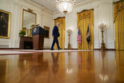 President Joe Biden leaves after speaking about Russia in the East Room of the White House, Thursday, April 15, 2021, in Washington. (AP Photo/Andrew Harnik)