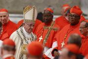 Pope Francis leaves after a consistory to create 14 new cardinals in St. Peter's Basilica at the Vatican in this June 28, 2018, file photo. The pope has updated rules for the Vatican court system so that cardinals and bishops accused of a crime can now be tried by the Vatican City court, just like priests and laypeople can be. (CNS photo/Paul Haring)