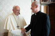 Pope Francis greets Jesuit Father James Martin, author and editor at large of America magazine, during a private meeting at the Vatican Oct. 1, 2019. (CNS photo/Vatican Media)