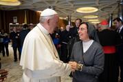 Pope Francis named Salesian Sister Alessandra Smerilli as undersecretary for faith and development at the Dicastery for Promoting Integral Human Development. Sister Smerilli is pictured meeting the pope at the Vatican in an undated photo. (CNS photo/Vatican Media, courtesy Dicastery for Promoting Integral Human Development)