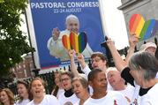 An LGBT choir sings outside the Pastoral Congress at the World Meeting of Families in Dublin Aug. 23. (CNS photo/Clodagh Kilcoyne, Reuters) 