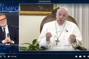 Pope Francis is pictured during an interview with Fabio Fazio on the popular Italian talk show, "Che Tempo Che Fa," in this screen capture from the Feb. 6, 2022, program televised by the Italian national broadcaster, RAI.