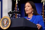 U.S. Interior Secretary Deb Haaland addresses the Tribal Nations Summit from an auditorium on the White House campus in Washington Nov. 15, 2021.