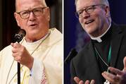 A split photo of two men, one in white cardinal garments and the other in black priest garments