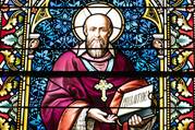 A likeness of St. Francis de Sales is seen in stained glass at Caldwell Chapel on the campus of The Catholic University of America 