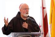 sean o'malley speaks wearing a franciscan robe at a lectern with a flag behind him