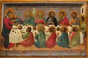 jesus is surrounded by his disciples at a table in a 14th-century depiction of the Last Supper