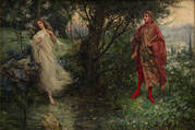 A painting of the writer Dante and his beloved, Beatrice, standing on either side of a tree