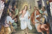 A depiction of Jesus in a white robe after the resurrection