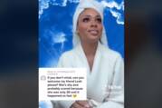 A screenshot of a TikTok video of Denise, who plays heaven's receptionist, dressed in a bathrobe