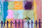 on a colorful background, stick figure people hold hands, and one holds an umbrella above a person who has a dark cloud over them, signifying mental health aid