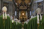 Bishops file into St. Peter’s Basilica at the Vatican on Oct. 29, 2023, for a Mass marking the conclusion of the first session of the Synod on Synodality. (CNS photo/Vatican Media)