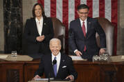 President Joe Biden delivers the State of the Union address to a joint session of Congress at the U.S. Capitol on March 7, as Vice President Kamala Harris and House Speaker Mike Johnson watch. (AP Photo/Andrew Harnik)