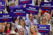 Delegates hold "Mass deportation now!" signs on Day 3 of the Republican National Convention at the Fiserv Forum in Milwaukee July 17, 2024. (OSV News photo/Brian Snyder, Reuters)
