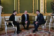 Ukrainan President Volodymyr Zelenskiy, British Prime Minister Keir Starmer and French President Emmanuel Macron hold a meeting during a European leaders' summit at Lancaster House in central London March 2, 2025. (OSV News photo/Justin Tallis, Reuters)
