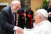 Pope Francis greets Professor Joseph Stiglitz at the "Debt Crisis in the Global South" meeting at the Vatican in June 2024 (Vatican Media)