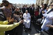 Pope Francis greets the faithful in St. Peter's Square at the end of the closing Mass for the Jubilee of the Sick and Health Care Workers at the Vatican on April 6, 2025. (CNS photo/Pablo Esparza)