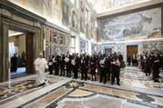 Pope Leo XIV arrives for an audience with the Vatican diplomatic corps in the Apostolic Palace's Clemetine Hall at the Vatican May 16, 2025. (CNS photo/Vatican Media)
