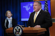 Secretary of State Mike Pompeo, right, unveils the creation of Commission on Unalienable Rights, headed by Mary Ann Glendon, left, a Harvard Law School professor and a former U.S. Ambassador to the Holy See, during an announcement at the US State Department in Washington, Monday, July 8, 2019. (AP Photo/Pablo Martinez Monsivais)