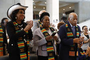 Rep. Frederica Wilson, D-Fla., Rep. Sheila Jackson Lee, D-Texas and Rep. John Lewis, D-Ga., at a ceremony to commemorate the 400th anniversary of the first recorded arrival of enslaved African people in America, on Sept. 10 on Capitol Hill in Washington. (AP Photo/Patrick Semansky)