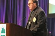 Cardinal Joseph W. Tobin of Newark, N.J., speaks June 14 of the opening day of the U.S. Conference of Catholic Bishops' annual spring assembly in Indianapolis. (CNS photo/Sean Gallagher, The Criterion)